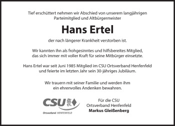 Traueranzeige von Hans Ertel von Hersbrucker Zeitung