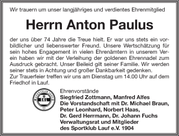 Traueranzeige von Anton Paulus von Pegnitz-Zeitung