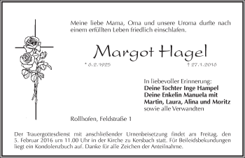 Traueranzeige von Margot Hagel von Pegnitz-Zeitung