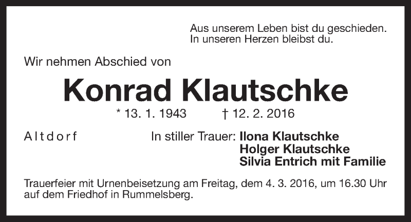  Traueranzeige für Konrad Klautschke vom 27.02.2016 aus Der Bote