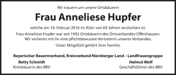 Traueranzeige von Anneliese Hupfer von Hersbrucker Zeitung