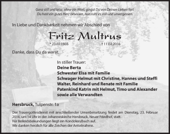Traueranzeige von Fritz Multrus von Hersbrucker Zeitung