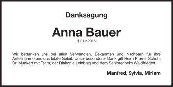 Traueranzeige von Anna Bauer von Pegnitz-Zeitung