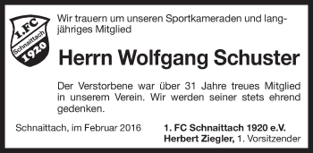Traueranzeige von Wolfgang Schuster von Pegnitz-Zeitung