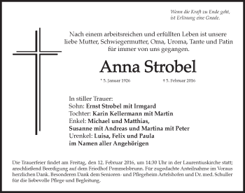 Traueranzeige von Anna Strobel von Hersbrucker Zeitung