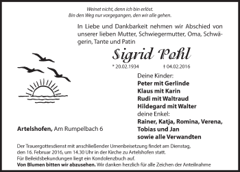 Traueranzeige von Sigrid Pohl von Hersbrucker Zeitung