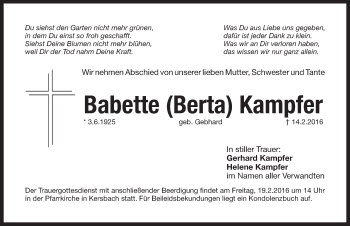 Traueranzeige von Babette Kampfer von Pegnitz-Zeitung