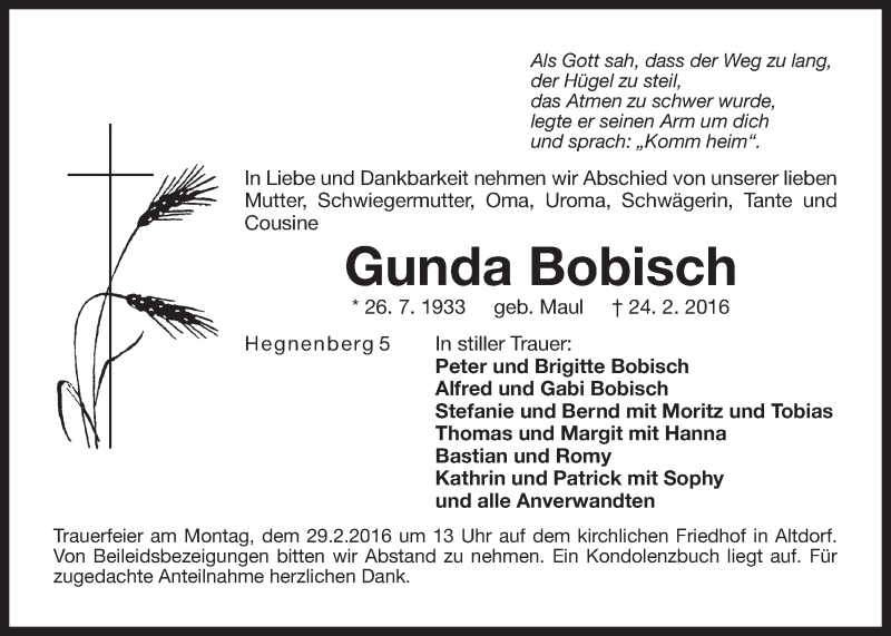  Traueranzeige für Gunda Bobisch vom 27.02.2016 aus Der Bote