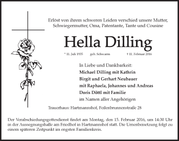 Traueranzeige von Hella Dilling von Hersbrucker Zeitung