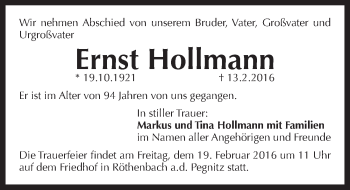 Traueranzeige von Ernst Hollmann von Pegnitz-Zeitung