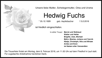 Traueranzeige von Hedwig Fuchs von Pegnitz-Zeitung