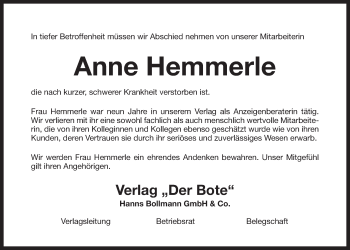 Traueranzeige von Anne Hemmerle von Der Bote