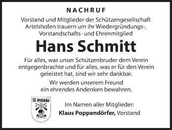 Traueranzeige von Hans Schmitt von Hersbrucker Zeitung