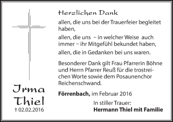 Traueranzeige von Irma Thiel von Hersbrucker Zeitung
