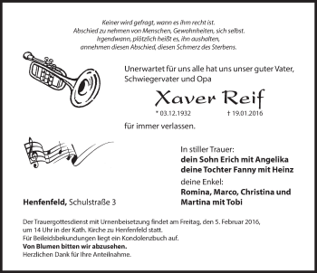 Traueranzeige von Xaver Reif von Hersbrucker Zeitung