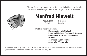 Traueranzeige von Manfred Niewelt von Der Bote