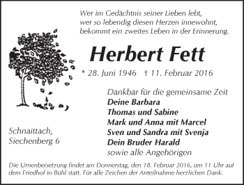 Traueranzeige von Herbert Fett von Pegnitz-Zeitung