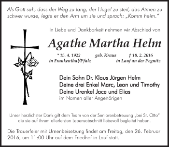 Traueranzeige von Agathe Martha Helm von Pegnitz-Zeitung
