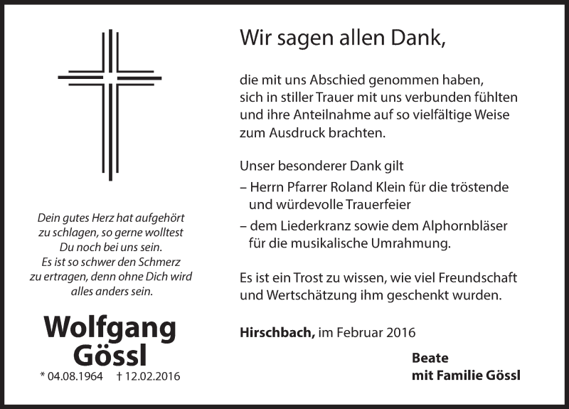  Traueranzeige für Wolfgang Gössl vom 27.02.2016 aus Hersbrucker Zeitung