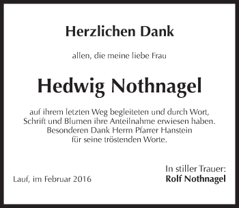 Traueranzeige von Hedwig Nothnagel von Pegnitz-Zeitung