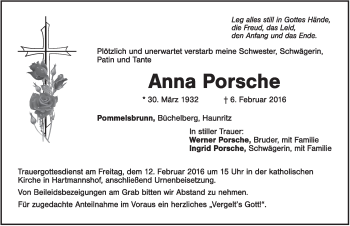 Traueranzeige von Anna Porsche von Hersbrucker Zeitung