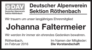 Traueranzeige von Johanna Faltermeier von Pegnitz-Zeitung