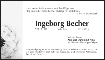 Traueranzeige von Ingeborg Becher von Pegnitz-Zeitung