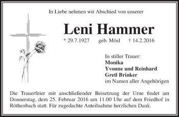 Traueranzeige von Leni Hammer von Pegnitz-Zeitung