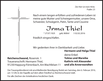 Traueranzeige von Irma Thiel von Hersbrucker Zeitung