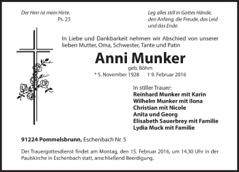 Traueranzeige von Anni Munker von Hersbrucker Zeitung