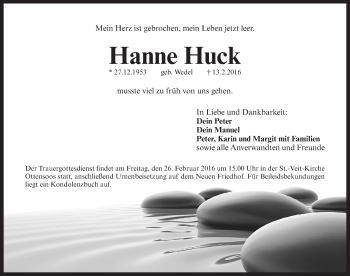 Traueranzeige von Hanne Huck von Pegnitz-Zeitung