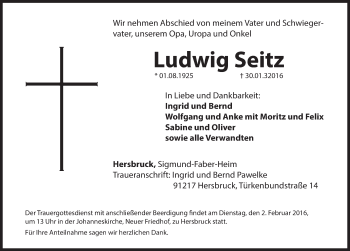Traueranzeige von Ludwig Seitz von Hersbrucker Zeitung