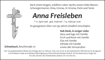 Traueranzeige von Anna Freisleben von Pegnitz-Zeitung