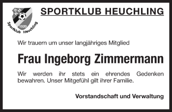 Traueranzeige von Ingeborg Zimmermann von Pegnitz-Zeitung