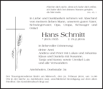 Traueranzeige von Hans Schmitt von Hersbrucker Zeitung