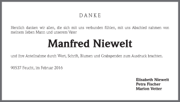 Traueranzeige von Manfred Niewelt von Der Bote