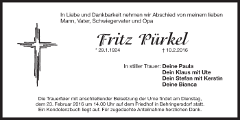 Traueranzeige von Fritz Pürkel von Pegnitz-Zeitung