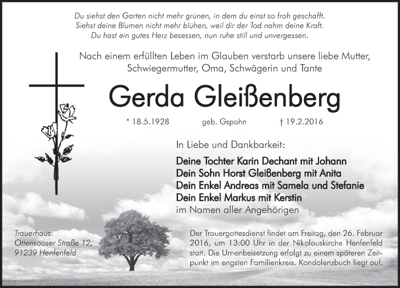  Traueranzeige für Gerda Gleißenberg vom 24.02.2016 aus Hersbrucker Zeitung