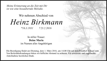Traueranzeige von Heinz Birkmann von Pegnitz-Zeitung