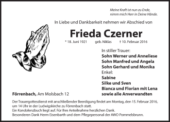 Traueranzeige von Frieda Czerner von Hersbrucker Zeitung
