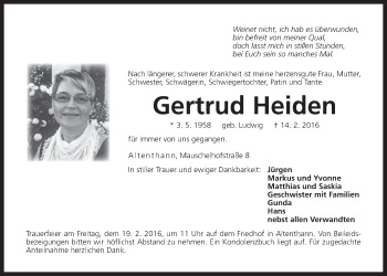 Traueranzeige von Gertrud Heiden von Der Bote