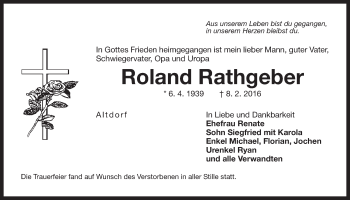 Traueranzeige von Roland Rathgeber von Der Bote