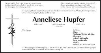 Traueranzeige von Anneliese Hupfer von Der Bote