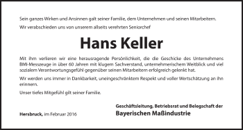 Traueranzeige von Hans Keller von Hersbrucker Zeitung
