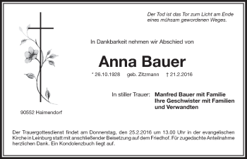 Traueranzeige von Anna Bauer von Pegnitz-Zeitung