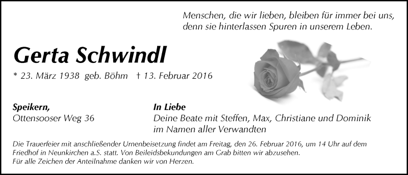  Traueranzeige für Gerda Schwindl vom 20.02.2016 aus Pegnitz-Zeitung