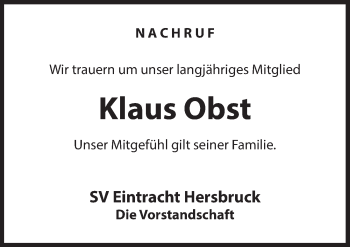 Traueranzeige von Klaus Obst von Hersbrucker Zeitung