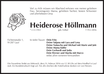 Traueranzeige von Heiderose Höllmann von Pegnitz-Zeitung