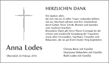 Traueranzeige von Anna Lodes von Pegnitz-Zeitung