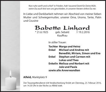 Traueranzeige von Babette Linhard von Hersbrucker Zeitung